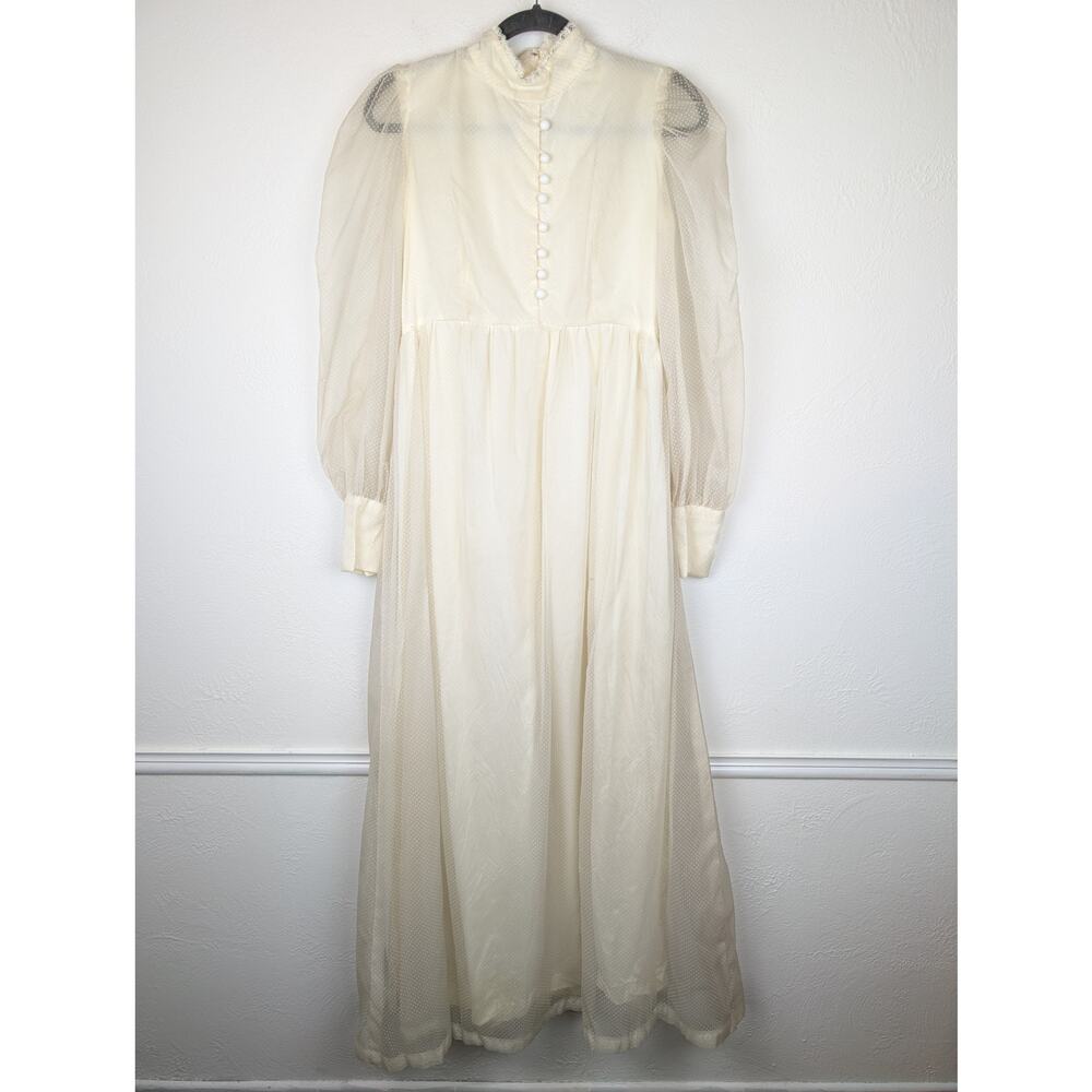 Vintage Maxi Dress Swiss Dot Sheer Boho Prairie Boho Coquette Fairy Cream Size S - Picture 2 of 12